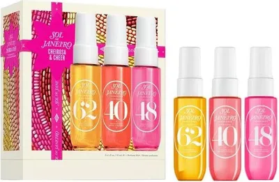 A gift set of three Sol de Janeiro body mists with numbers 62, 40, and 48 on the bottles, presented in a box and also shown individually.