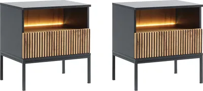 Produktbild von 2er-Set Nachttische mit 1 Schublade & 1 Ablagefach - Mit LED-Beleuchtung - Schwarz und Holzfarben - OVILA