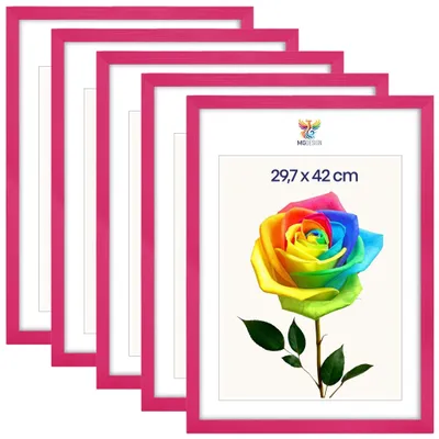 Produktbild von MG Design 5er Set Bilderrahmen Rosa A3 29,7x42 cm - Posterrahmen Echtholz mit Acrylglas, stabile Wandaufhängung, hoch/quer