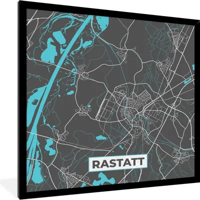 Produktbild von MuchoWow® Gerahmtes Poster Stadtplan - Deutschland - Blau - Rastatt - Karte 40x40 cm - Poster mit Schwarzem Bilderrahmen Wandposter Rahmen Foto Bilder - Mit Rahmen - Wanddekoration Schlafzimmer