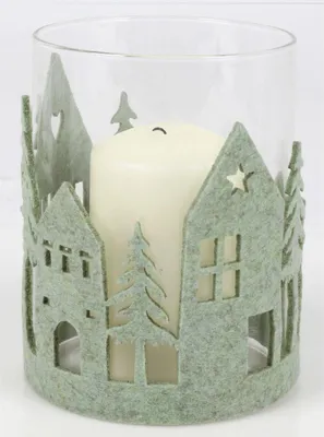 Produktbild von WH Windlicht mit Filz-Haus ca. 9 x 12,5 cm | Glas-Windlicht mit Filzverzierung | Stimmungsvolle Weihnachtsdeko & Tischdeko | 12er Pack