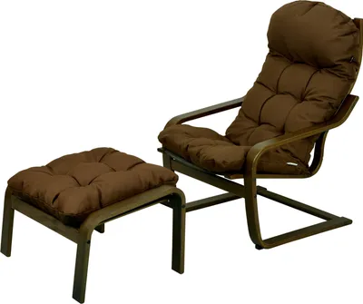 A brown cushioned chair and ottoman set on a white background.