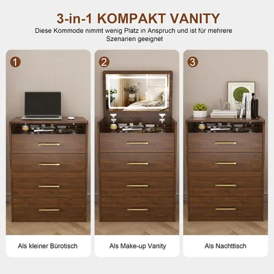 Productafbeelding van Make-uptafel 60 x 40 x 118 cm, 3-in-1 ontwerp, opklapbare spiegel, glazen blad, 3 laden, krukje, walnoot