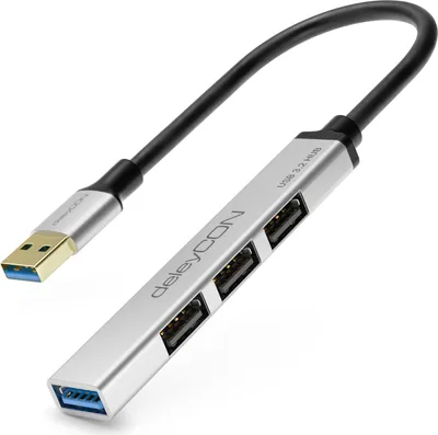Produktbild von deleyCON USB HUB 4 Port - 4x USB A Anschlüsse (1x USB 3.0 // 3x USB2.0 Buchse) - Mit 15cm Kabel USB A Stecker - Silber
