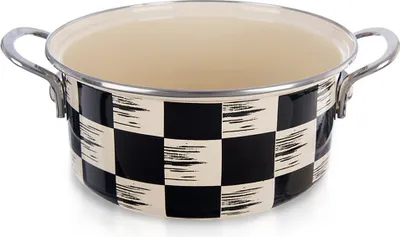 A black and white checkered pot with silver handles on a white background.