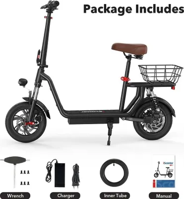 Produktbild von Elektrischer E-Scooter mit Sitz und Korb - i12 - Motor 500 W - Akku 36 V 7,5 Ah - Reifen 30,5 cm - Reichweite 30–35 km - Max 25 km/h - Klappbar - Grün