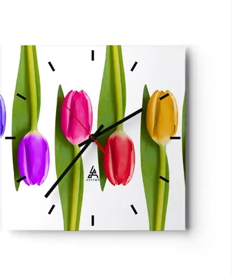 Produktbild von Wanduhr - Quadrat - Glasuhr - Tulpe Blume Garten Komposition - 40x40cm - Schleichendes Uhrwerk - Lautlos - zum Aufhängen bereit - Dekoration Modern - Wanddekoration aus Glas - C3AC40x40-2360
