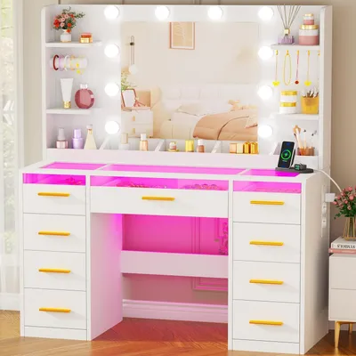 Immagine prodotto di Comò da trucco con specchio e illuminazione RGB a LED, 3 colori di luce, piano in vetro, 9 cassetti, bianco