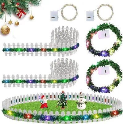 Productafbeelding van Miniatuur Houten Hek Set met LED Lichtketting voor Kabouterhuis en Kerstdecoratie
