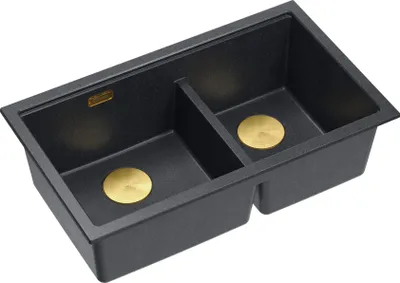 Produktbild von QUADRON Spülbecken 2-Becken Spüle | Größe: 78 x 50 x 23,5 cm | LOGAN 120 | Unterbauspüle Granitspüle aus GraniteQ mit Siphon | Schwarz + Golden PVD