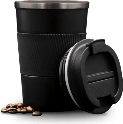 Produktbild von DULA Thermobecher 380 ML Kaffeebecher to go - Doppelwandige Travel Mug - Schwarz - Edelstahl - Für Kaffee und Tee - Auslaufsicherer Reisebecher
