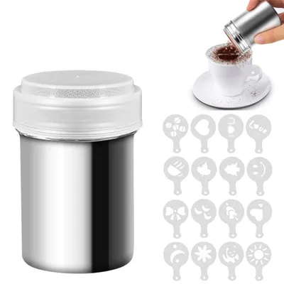 Edelstahl-Pulverstreuer mit 16 Kaffeeschablonen für DIY