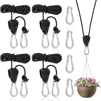 Produktbild von 4 Stück Ratchet Hanger Verstellbarer Seilaufhänger 2M, 1/8 Zoll Ratschenseil Seilzugratsche Ratschenhaken Einstellbare Seil Seilhaken Ratsche Seilratsche für Zimmerpflanzen Freien Zelt (Schwarz)