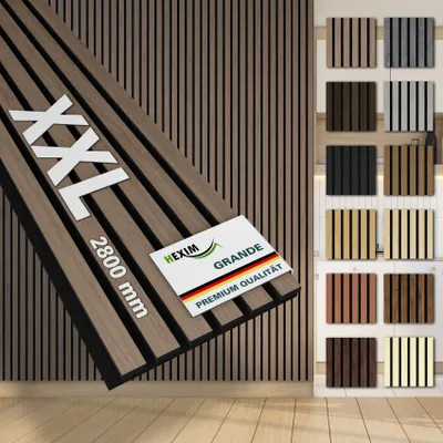 Produktbild von HEXIM Akustikpaneele 10 Stück 280x30cm Holz Grande - XXL Wandpaneele Platten Lamellen Holzpaneele Echtholzfurnier 21mm Filz Schalldämmung MDF Braun (8,41m² American Walnut)
