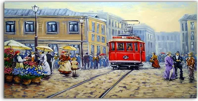 Produktbild von Coloray - Glasbild - 120x60 cm - Wandbild - Glasbilder - Straßenbahn in alten Stadt Landschaft
