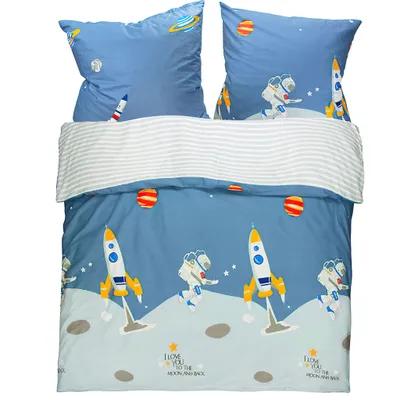 A children's bedding set with a space theme, featuring rockets and astronauts.
