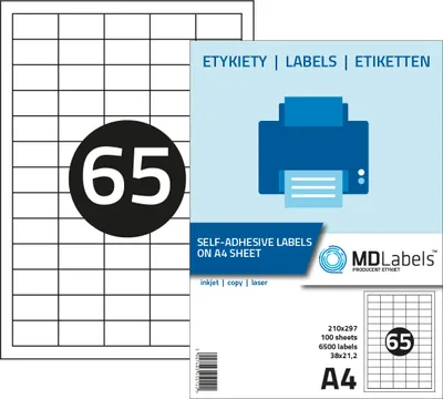 Produktbild von MD Labels Universal Etiketten DIN A4 klein - 38,1 x 21,2 mm, 100 Blatt, Papier, matt, selbstklebend, bedruckbar, Adressaufkleber, 6.500 Klebeetiketten, weiß