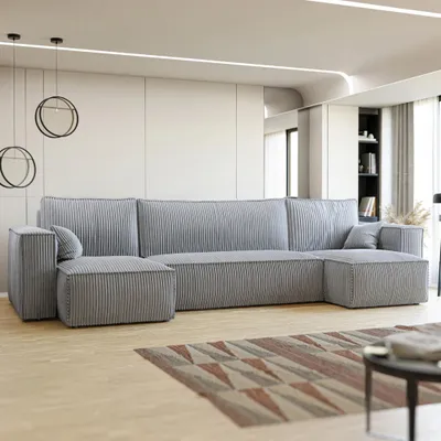 Produktbild von Wohnlandschaft U-Form Mulri U Poso 110 Hellgrau Cord Schlaffunktion Bettkasten