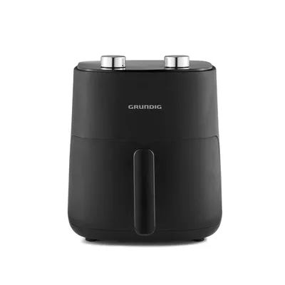 A black air fryer with silver knobs on a white background.