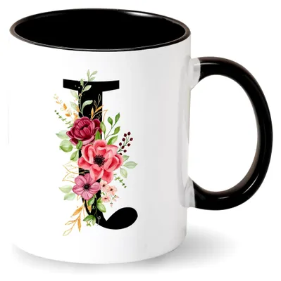 Produktbild von Personalisierte Kaffeetasse mit Buchstaben – Monogramm Keramiktasse – schwarze Tasse mit Blumeninitial – Geschenkideen für Mädchen und Frauen zu Geburtstag und Weihnachten