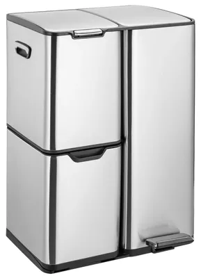 Image de Poubelle de tri sélectif - Pédaleuse de cuisine à 3 compartiments - 60 litres (30 + 17 + 13 litres) - Couvercle à fermeture douce - Acier inoxydable - Bacs intérieurs amovibles - Argent