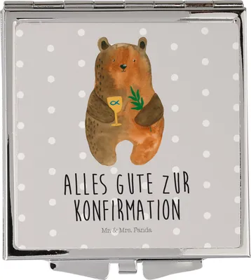 Produktbild von Mr. & Mrs. Panda Taschenspiegel Bär Konfirmation - Grau Pastell - Geschenk, Schminkspiegel, Frauen Spiegel, Klappbarer, Gottesdienst, Teddy, Kosmetikspiegel, Kirche