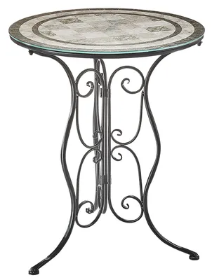 A round mosaic-topped table with a black metal base.