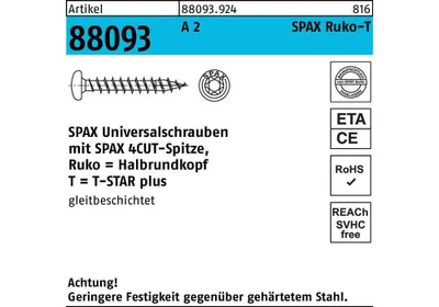 Immagine prodotto di SPAX mezza testa tonda 4,0x 20 completamente filettata Torx 20 in acciaio inox A2 con classificazione