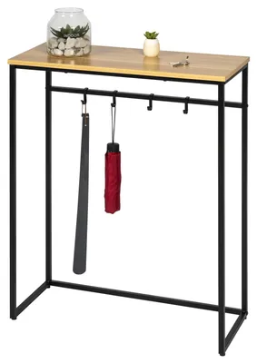 Image de eluno table console en métal noir mat avec 1 étagère en bois, pieds réglables en hauteur, 4 crochets pour sacs, parapluies et chausse-pieds, dans l'entrée, comme table d'appoint ou sideboard, beaucoup de place pour les livres, les plantes et la décoration