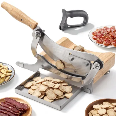 Biltong-Slicer, 0–12 mm verstellbar, Edelstahl, Holzsockel