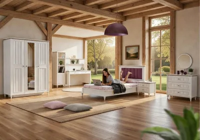 Image de Ensemble de chambre à coucher moderne comprenant un lit, une armoire, une coiffeuse et un bureau