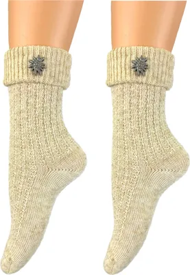Produktbild von Damen und Herren Trachtensocken im modernen Landhaus-Stil mit Edelweiß-Pin – handgekettelte Naht – Qualitätssocken mit Leinen Anteil – Landhaus