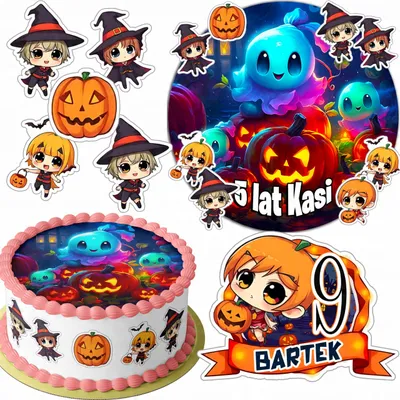 Zdjęcie produktu dla Zestaw Opłatek Na Tort 20Cm + 16 Postaci - Halloween + Imię 15Cm 18Cm