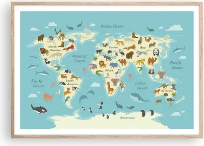 Produktbild von Gerahmtes Poster - Rahmen in heller Eiche - Tiere die Welt Karte - 100x70 cm - Wand Bild - Wanddeko - Wandbilder - Kunstposter - Wandposter - Bilderrahmen - Bilder - Kunstdruck - P2NAA100x70-4860
