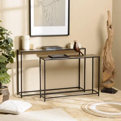 Image de JOHAN - Set de 2 consoles gigognes aluminium doré et noir pieds métal