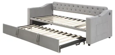 Image de Canapé-lit avec revêtement en tissu velours, dimensions 90 x 190 cm, convertible en lit, avec espace de rangement, port USB, couleur gris