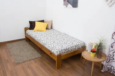 Produktbild von Einzelbett / Gästebett Kiefer Vollholz massiv Eichefarben A8, inkl. Lattenrost - Abmessungen: 80 x 200 cm