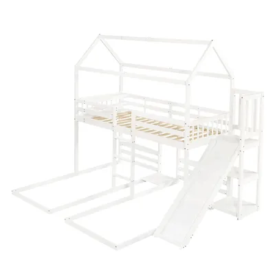 Produktbild von Flieks Etagenbett 90x200cm mit Rutsche, Kinderbett Hausbett mit Rausfallschutz, Hochbett mit Lattenrost und Leiter, Holzbett Einzelbett, Weiß