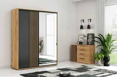 Obrázek produktu pro Zrcadlová šatní skříň 230/215 GAKLA - dub craft zlatý / černá