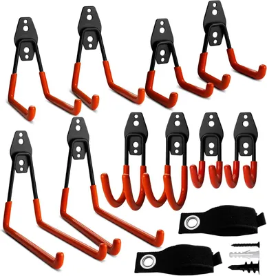 Productafbeelding van Garage haken 12 stuks, wandbeugels met 2 verlengingsriemen, staal, voor tuingereedschap