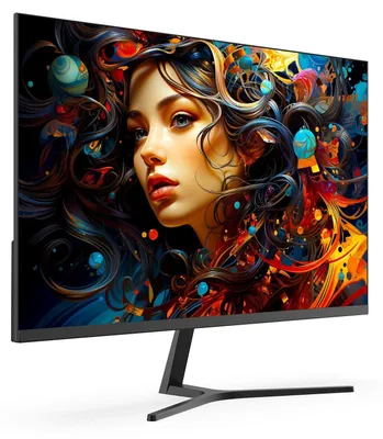 A computer monitor displaying a colorful, abstract image of a woman's face with swirling hair.