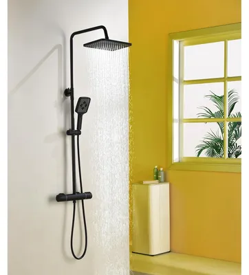 Image de Système de douche thermostatique - Pomme de pluie 30 x 20 cm - Colonne réglable 88 à 125 cm - Noir