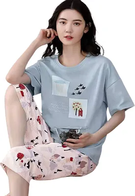 Produktbild von 2 Teile/satz O-ausschnitt Kurzarm Mid-Rise Elastischer Bund Pyjama Set Mädchen Sommer Cartoon Print T-shirt Crop Hosen Set Homewear