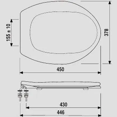 Technical drawing with dimensions of a toilet seat.