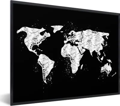 Produktbild von MuchoWow® Gerahmtes Poster Weltkarte - Marmor - Schwarz - Weiß 40x30 cm - Poster mit Schwarzem Bilderrahmen Wandposter Rahmen Foto Bilder - Kunstposter - Wanddekorationen