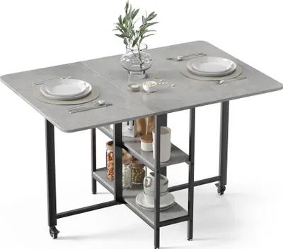 Produktbild von Mondeer Klappbarer Esstisch Küchentisch mit 2 Ablagen und Rollen 120 x 80 x 75 cm Grau