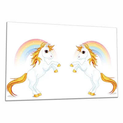Produktbild von Wallario Herdabdeckplatte aus Glas, Größe 90 x 52 cm 1-teilig, Motiv Weißes Einhorn vor einem Regenbogen
