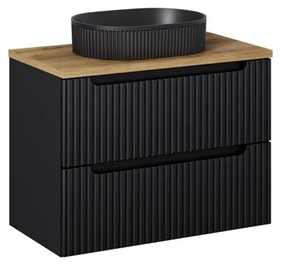 Image de Ensemble VANO 80cm : meuble sous vasque à tiroirs + plan pour vasque aspect chêne clair + vasque à poser rainurée noir mat