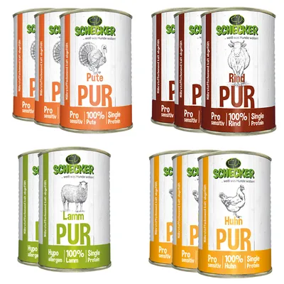 Produktbild von 11 x 410 g - Schecker Pur 11-er - 4 Sorten - Rind - Lamm - Huhn und Pute - Nassfutter