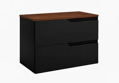 Immagine prodotto di Mobile bagno sospeso, 80 cm, con cassetti, struttura nera e piano in legno noce, dimensioni 80 x 46 x 58,6 cm, Immagine generata dall'IA
